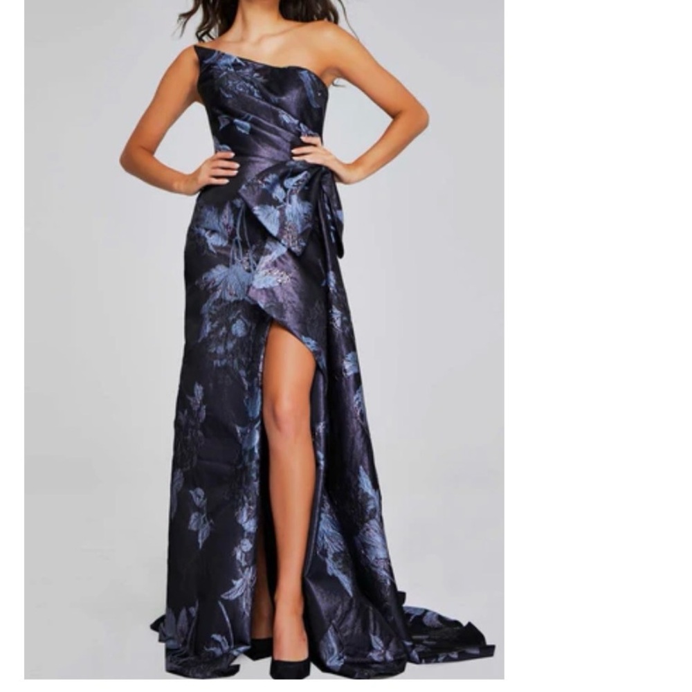 Jovani Strapless Blue and Gray Floral Dress